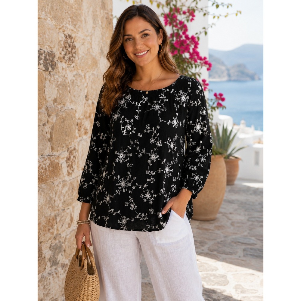 NWT Kindred‎ Embroidered Blouse Womens XL Black White Floral Boho Romantic